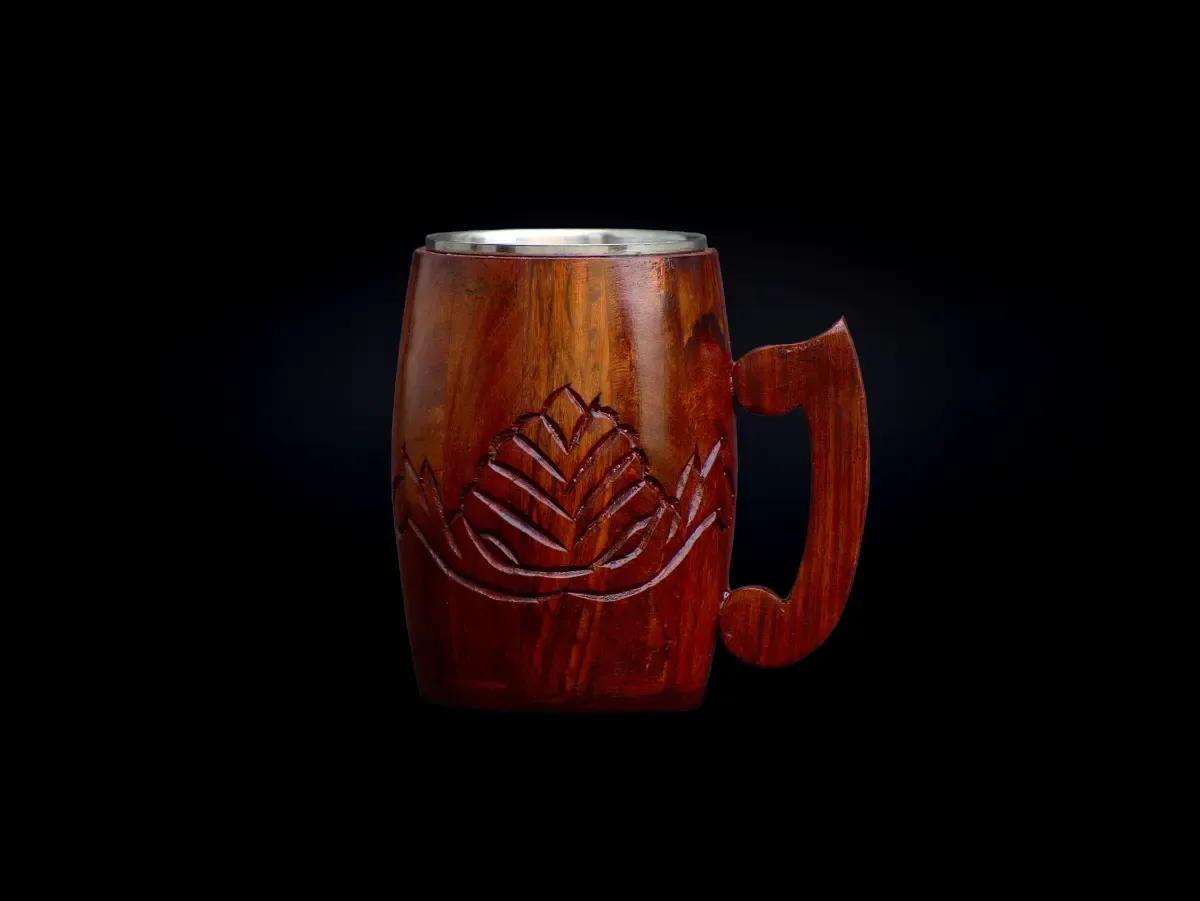 this is the beautiful and best handmade wooden coffee mug with stainless steel inside. It is handcrafted by the best artisans and engraved by hand. By the best handcrafted wooden coffee mug on www.agrrro.com.