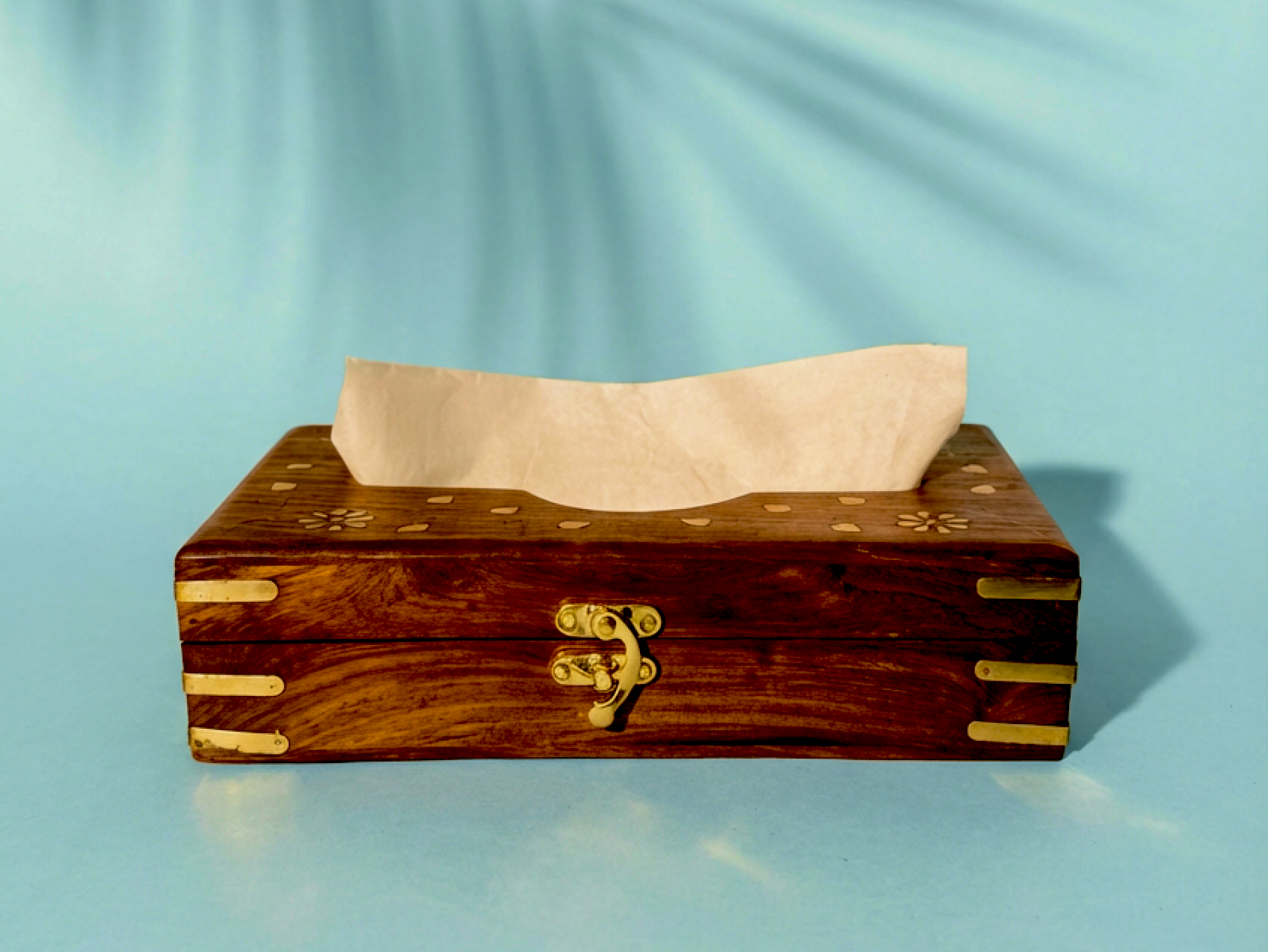 Handmade wooden tissue box holder with brass corners and lock