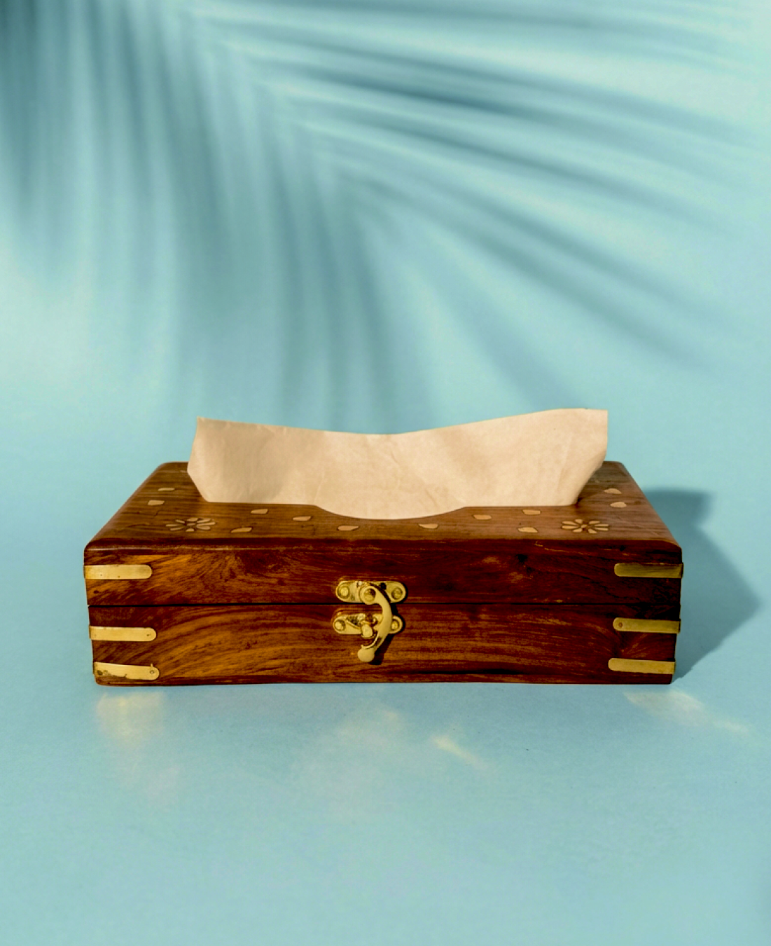 Handmade wooden tissue box holder with brass corners and lock