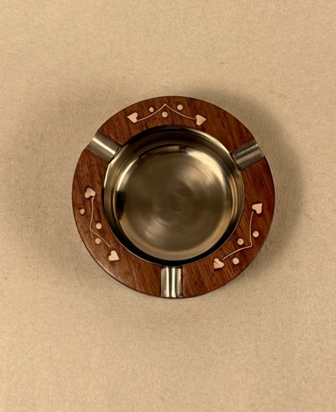 Handcrafted wooden ashtray with brass lining and inlay design