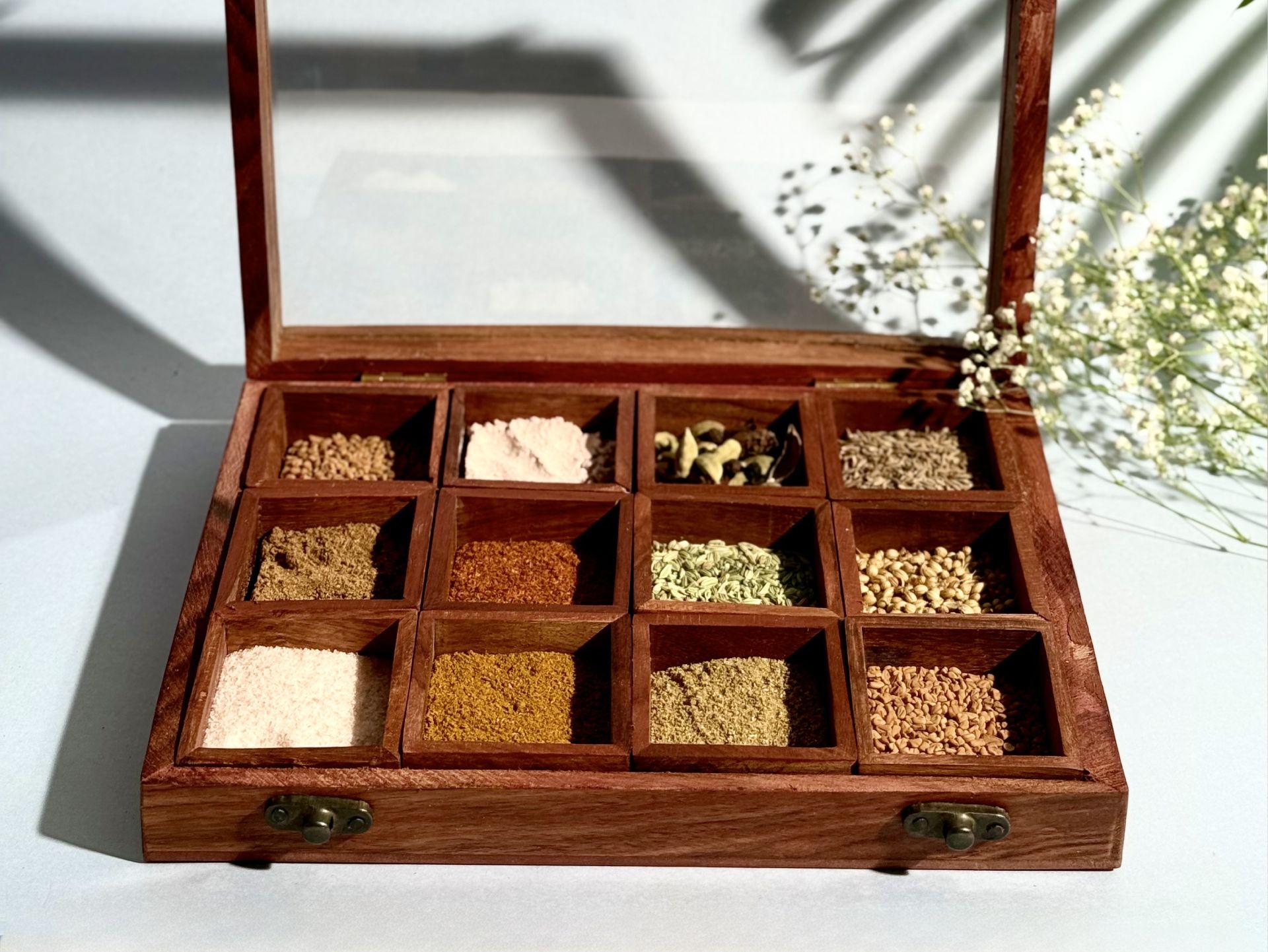 this is the beautiful and best handcrafted wooden masala box, best handcrafted masala box for kitchenware lovers. Buy world's best handcrafted masala box or masala storage on www.agrrro.com. This is the best way to enjoy dinner with your loved ones.